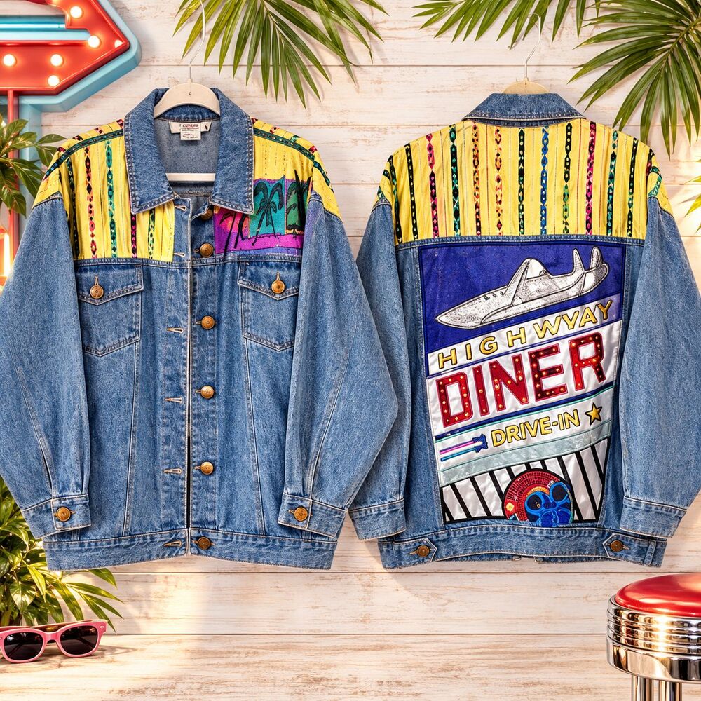 Vintage 90’s Cedars Denim Jacket Sequined Airline Diner Hamburgers Size Large